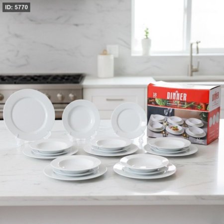 طقم صحون سفرة 18 قطعة بورسلان ابيض مدور جور ZD8382 ++لو